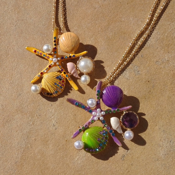 Purple & Green Enamel Starfish Pearl Pendant Brooch Summer Ocean Beach Necklace - Picture 4 of 8